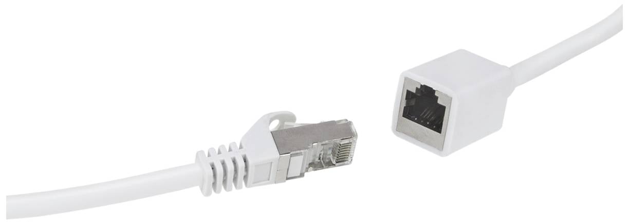 A white Ethernet cable with a plug and socket that are just about to connect.