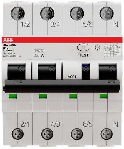 This is an image of a six-unit electrical circuit breaker with labelled positions and switches, including a test button and brand marking.