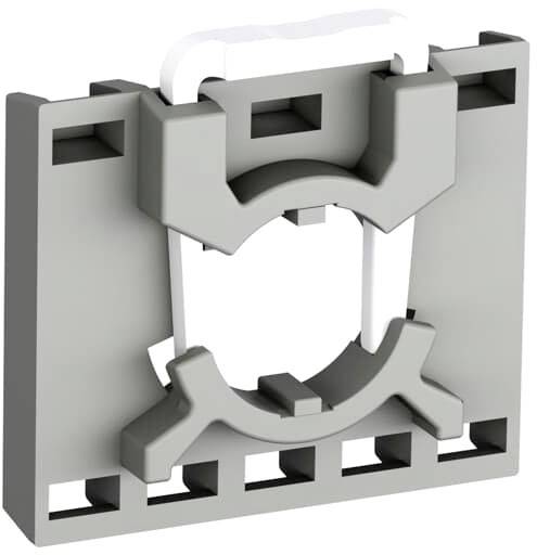 Grey plastic mounting bracket with multiple rectangular cutouts and a central, round fixing mechanism.