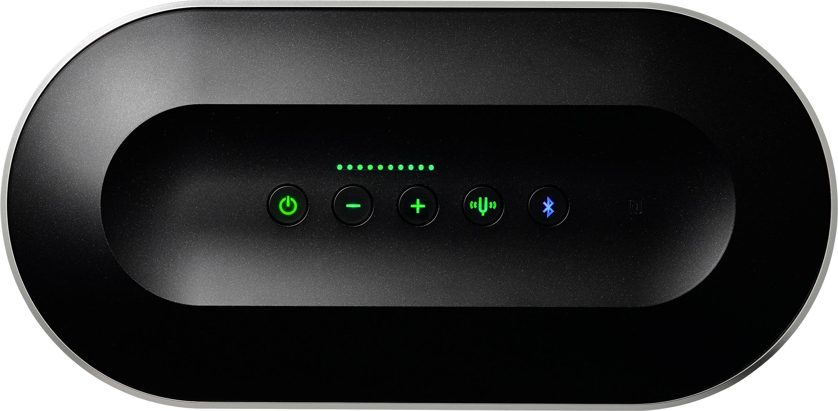 Black Bluetooth speaker with five buttons: Power on/off, Volume up, Volume down, Play/Pause, Bluetooth.