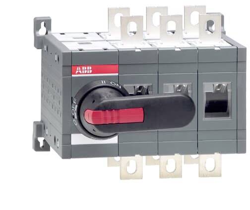 Switch in the 'OFF' position, grey housing with red handle, marked with 'ABB'.