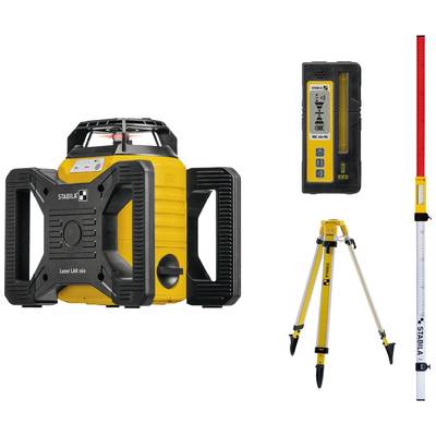Rotary laser set with laser device, remote control, tripod and measuring staff. Ideal for precise levelling and surveying on construction sites.