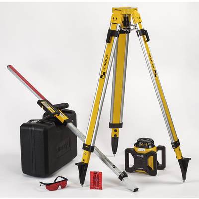 A yellow surveying tripod with accessories: a laser device, a target board, a measuring rod, safety glasses, and a transport case.