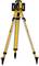 Laser device with yellow tripod for construction surveying against a white background.
