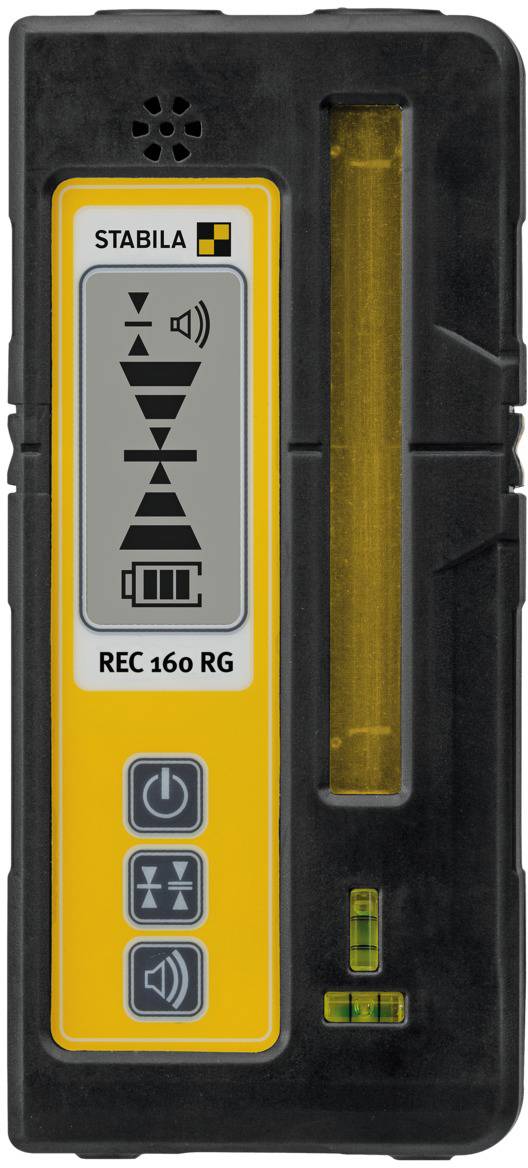 A digital measuring device with a display and control buttons. Shows symbols for signal reception and a vertical spirit level.