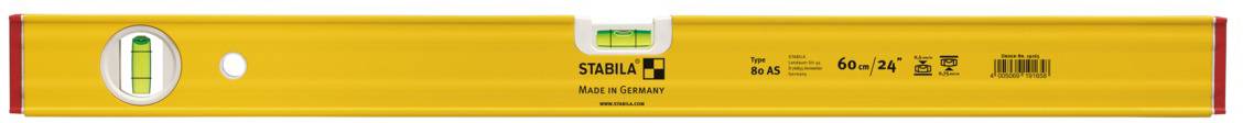 Yellow spirit level by STABILA, horizontally aligned. Shows the bubble vial in the centre for levelling. Model and manufacturer printed on the surface.