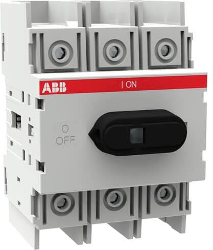A three-pole load disconnector from ABB with visible on/off indication, front-facing in shades of grey and red.