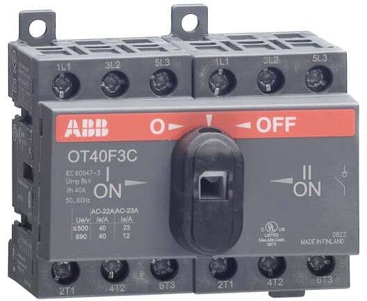 An ABB two-pole load isolator, model OT40F3C, with a rotary knob in the centre. Text: 'ON' and 'OFF'.