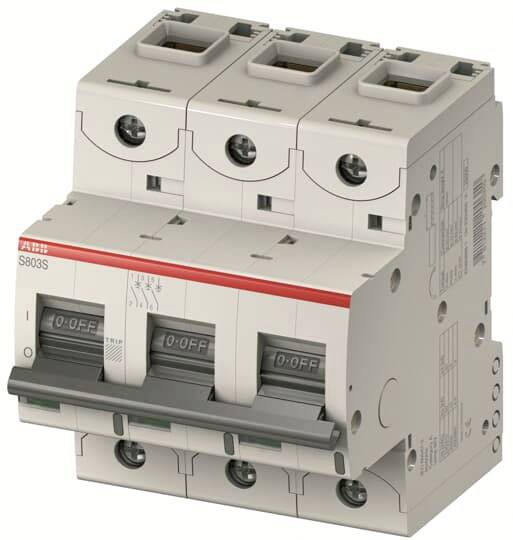 A three-pole protective circuit breaker by ABB, Model S803S. Used in electrical systems to protect against overload and short circuit.
