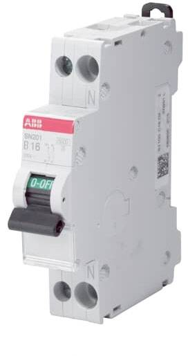 A grey circuit breaker with a toggle switch. Marked with 'B16' and 'O-OFF', suitable for protecting electrical circuits.