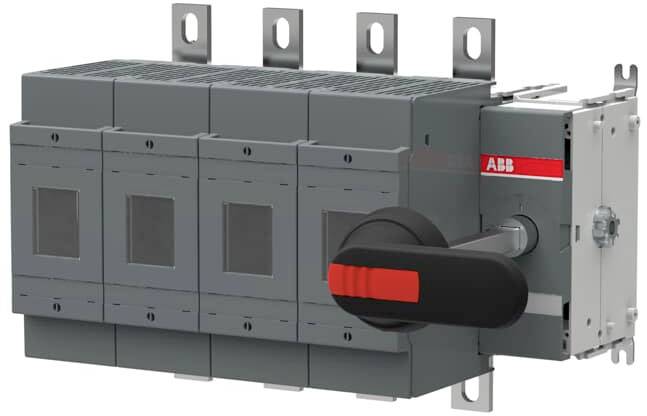 An electrical switch by ABB with five grey modules and a large black and red lever.