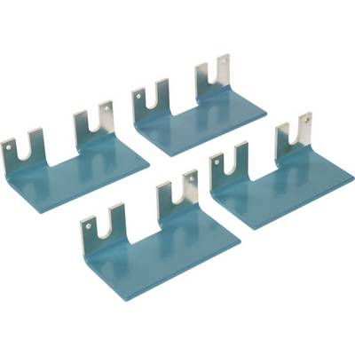 Four blue metal brackets with two fixing holes and recesses that can be used as mounting supports.
