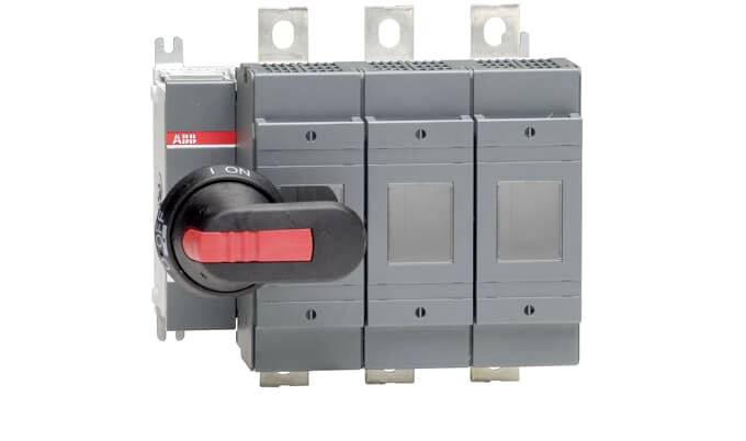 A grey electrical main switch by ABB with a red handle, pointing to the right at 'ON'. Used for controlling electrical circuits.