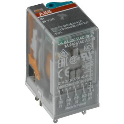 'Transparent relay with visible internal contacts, 24 V DC. Brand logos and technical symbols on the surface.'