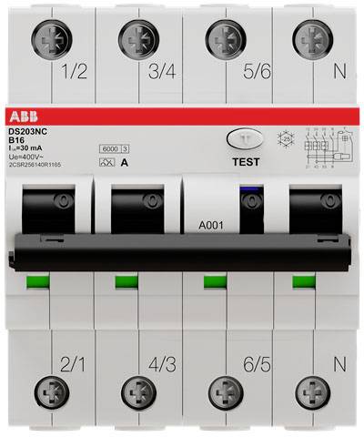 A circuit breaker with six switches, marked with numbers 1 to 6 on the top surface. Manufacturer's name and specifications in the top left corner.