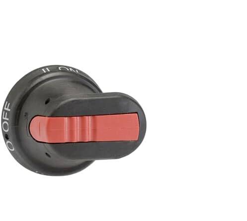 A black switch lever with a red handle points to "OFF". The lever is part of a device for electrical regulation.