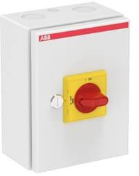 An electrical main switch in a white housing with a red switch, suitable for interrupting the power supply.