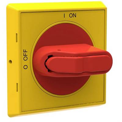 Yellow emergency stop switch with red lever in the 'ON' position. The switch is designed for emergency device shutdown.