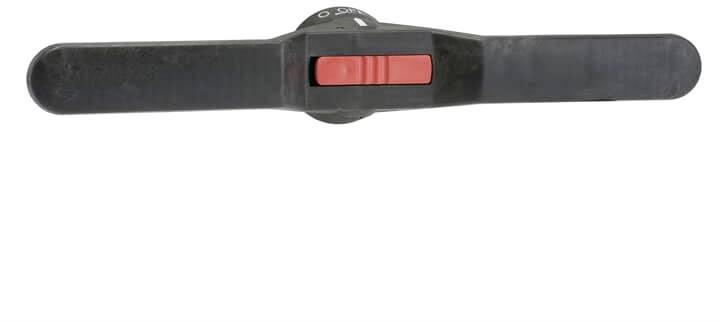 A black door handle with a red slider for opening or closing.