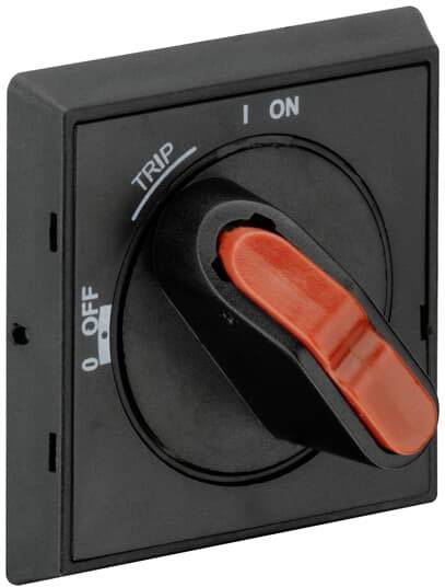 Black rotary switch with red handle, pointing to 'ON'. Labelled with 'TRIP', 'I ON', 'O OFF'. Used for electrical switching.