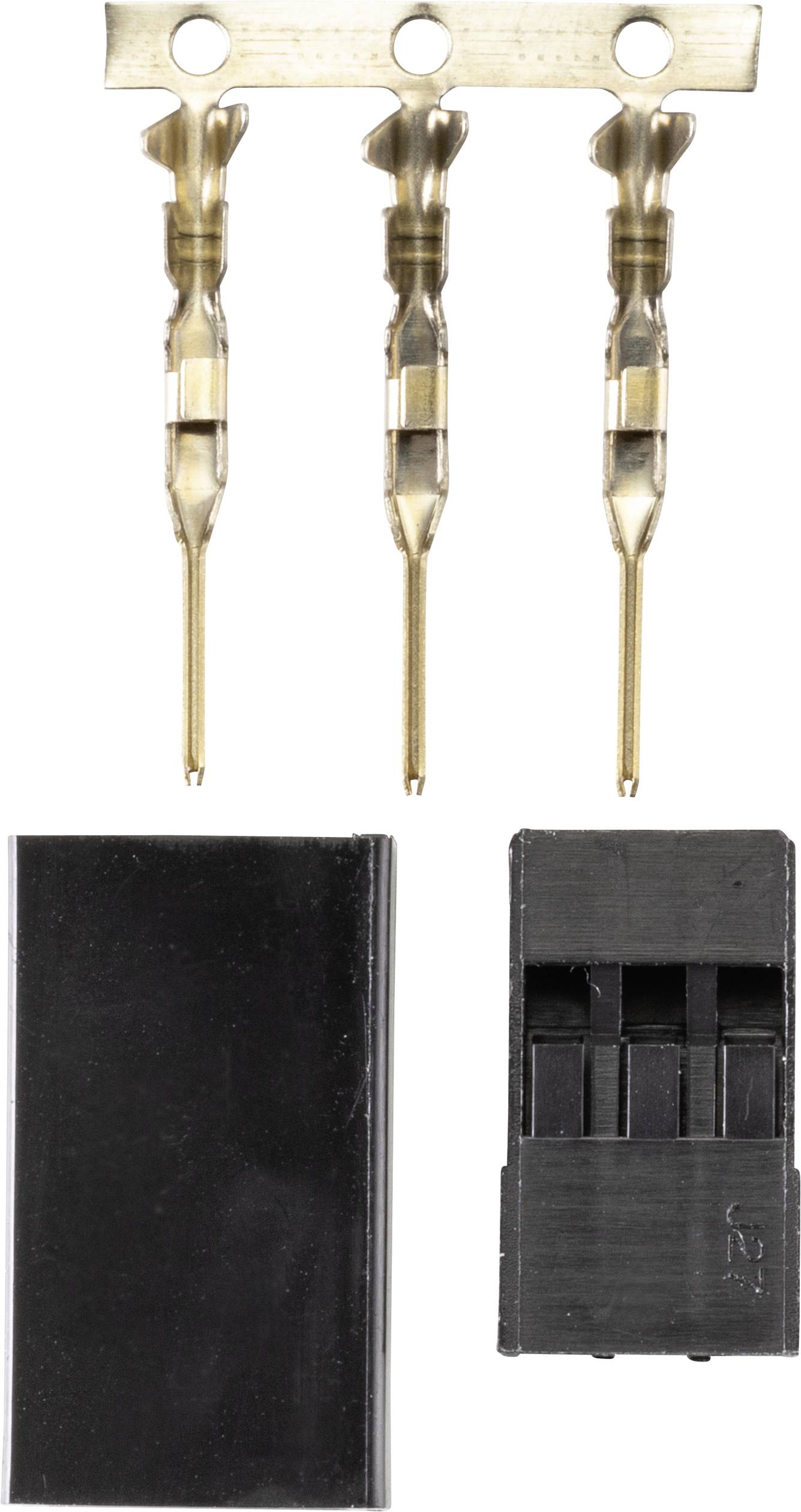 Three golden contact pins at the top, matching a black three-pole plastic plug at the bottom.