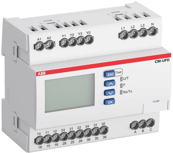 Industrial equipment by ABB with a digital display and multiple connection terminals, used for control or automation applications.