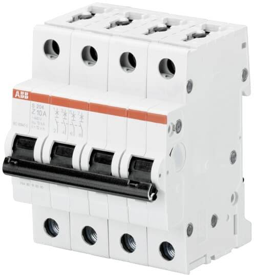 'Illustration of a four-pole protective circuit breaker with a white housing and a black switching lever, used for circuit interruption.'