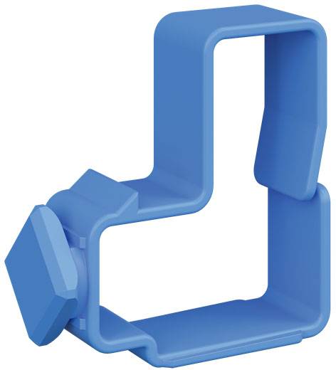 A blue, rectangular plastic clip with geometric shapes, potentially suitable for holding or fastening objects.