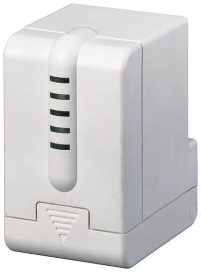 A white electronic switch with black labelling and vertical ventilation slots, suitable for DIN rail mounting.