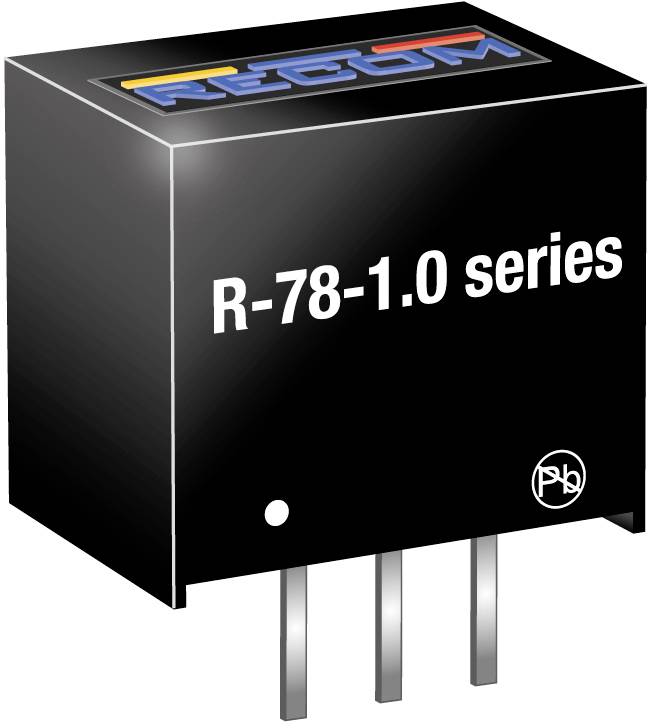An electronic converter with the marking 'R-78-1.0 series' and three connection pins, suitable for voltage conversion.