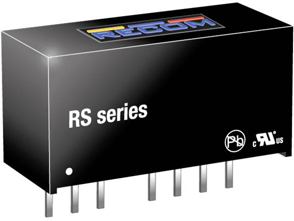 'RECOM RS series' DC/DC converter with multi-coloured logo at the top and certifications at the bottom, mounted on pins for electronic application.