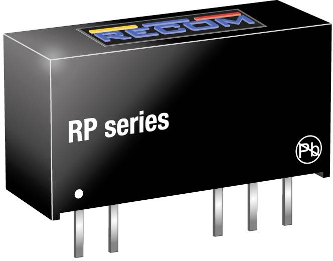 'Black electronic component from the RP series by RECOM with four connection pins and company logo on top.'