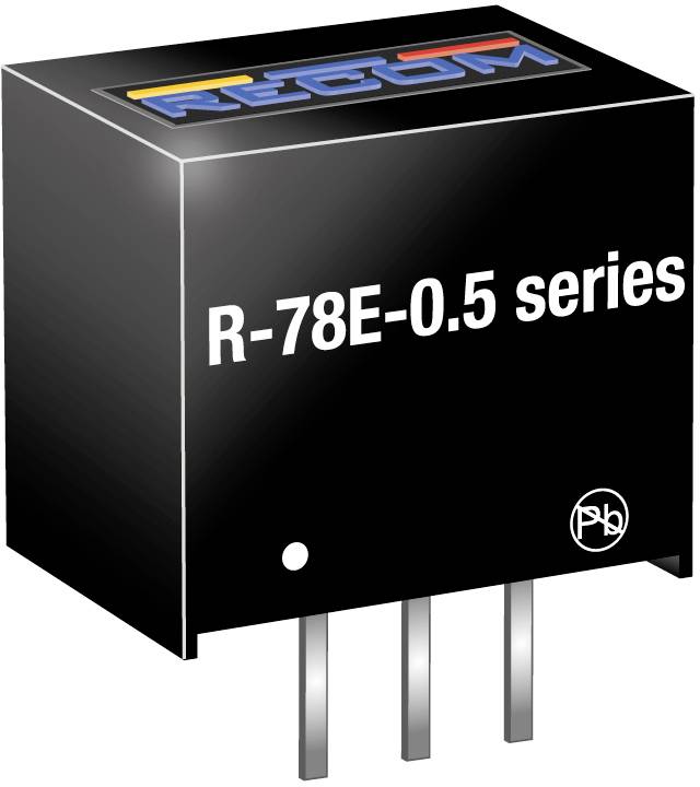 A black voltage converter from the 'R-78E-0.5' series with three metal pins and a logo on the top surface.