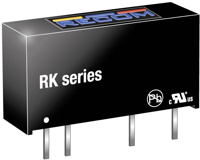 Black and grey electronic component with 'RK series' printed on it. Four metallic pins protrude from the underside. Brand logo at the top.