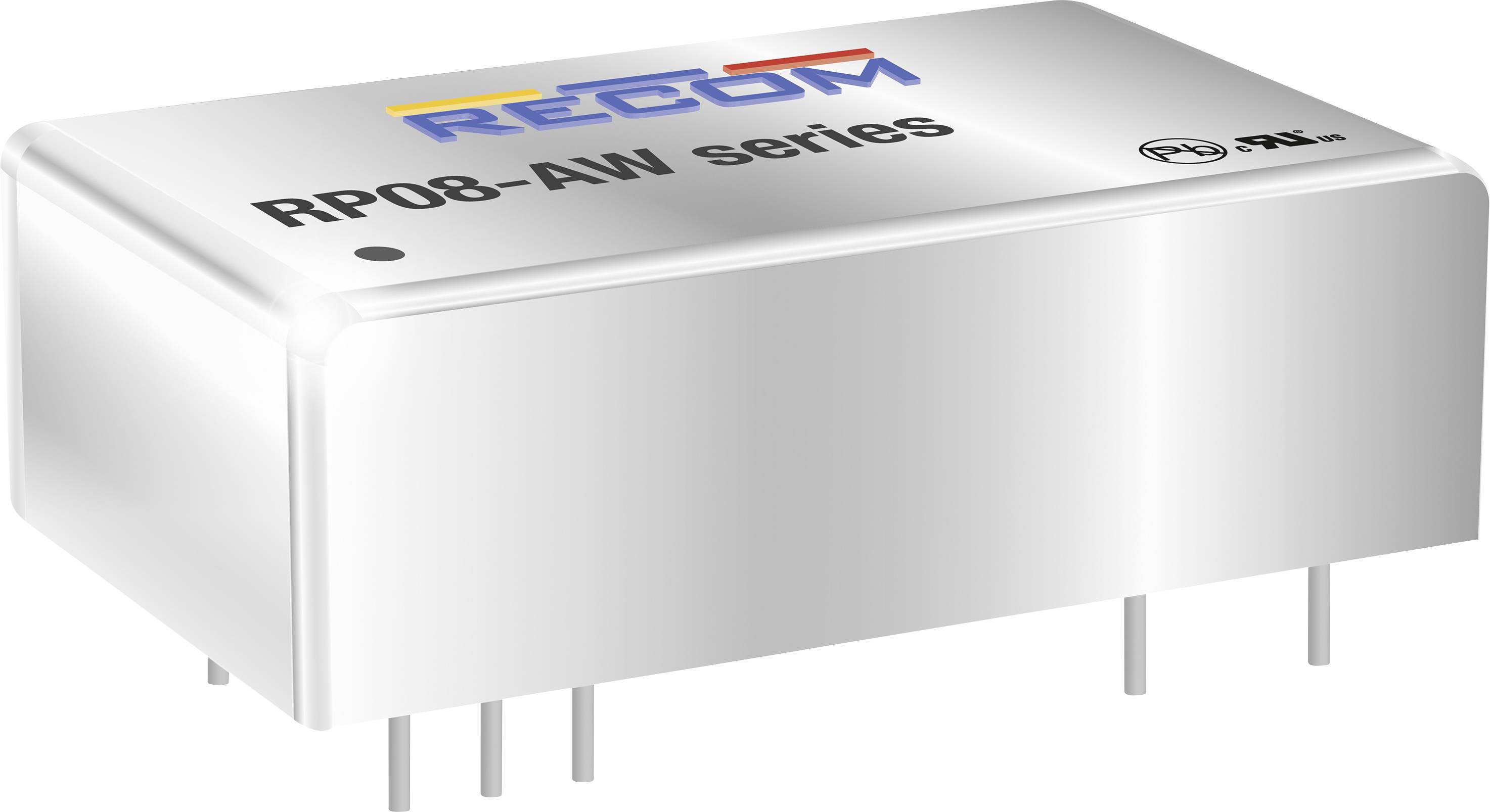 'RP08-AW series' voltage converters from Recom, rectangular metal housing with small company logo in blue and red colours on the top surface.