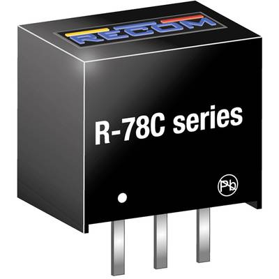 A black electronic voltage regulator from the 'R-78C' series by Recom. Shows logo at the top, three connection pins at the bottom.