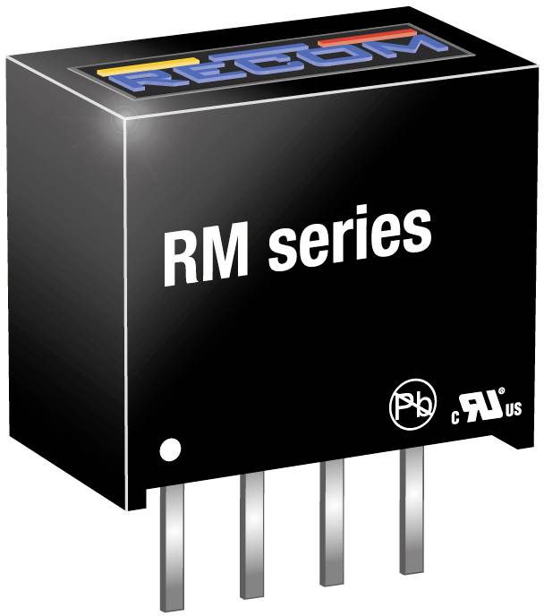 The image shows an electronic component of the 'RM series' from RECOM, with four connection pins.