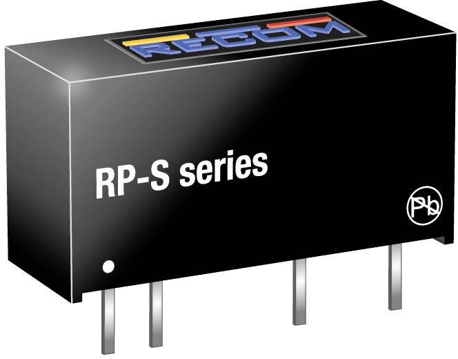 Black electronic component with the inscription 'RP-S series' and the 'RECOM' logo on the top; four metal pins at the bottom.