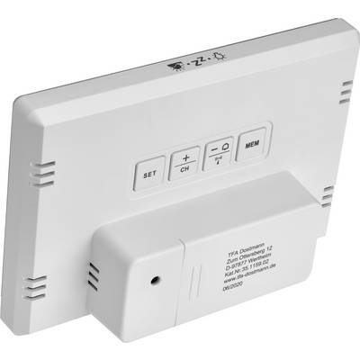 Back of an electronic device with buttons for 'SET', 'CH', '+', '-' and 'MEM'; manufacturer information printed at the bottom.