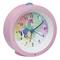 Pink unicorn-themed clock with a dial showing 10 o'clock. Colourful background with numbers from 1 to 12.