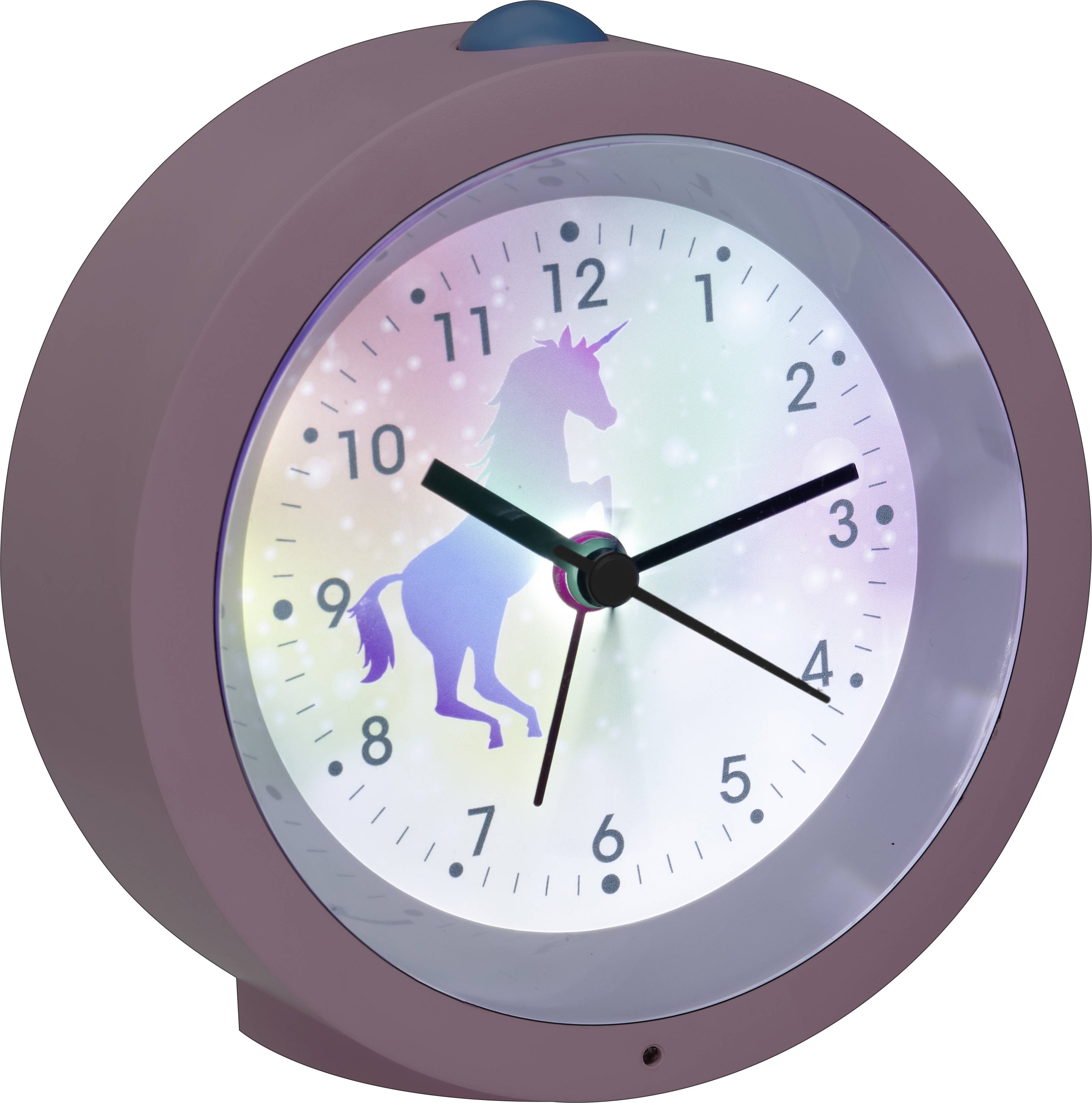 A pink alarm clock with a unicorn picture on the dial, showing 10:10. Colourful backlighting complements the design.