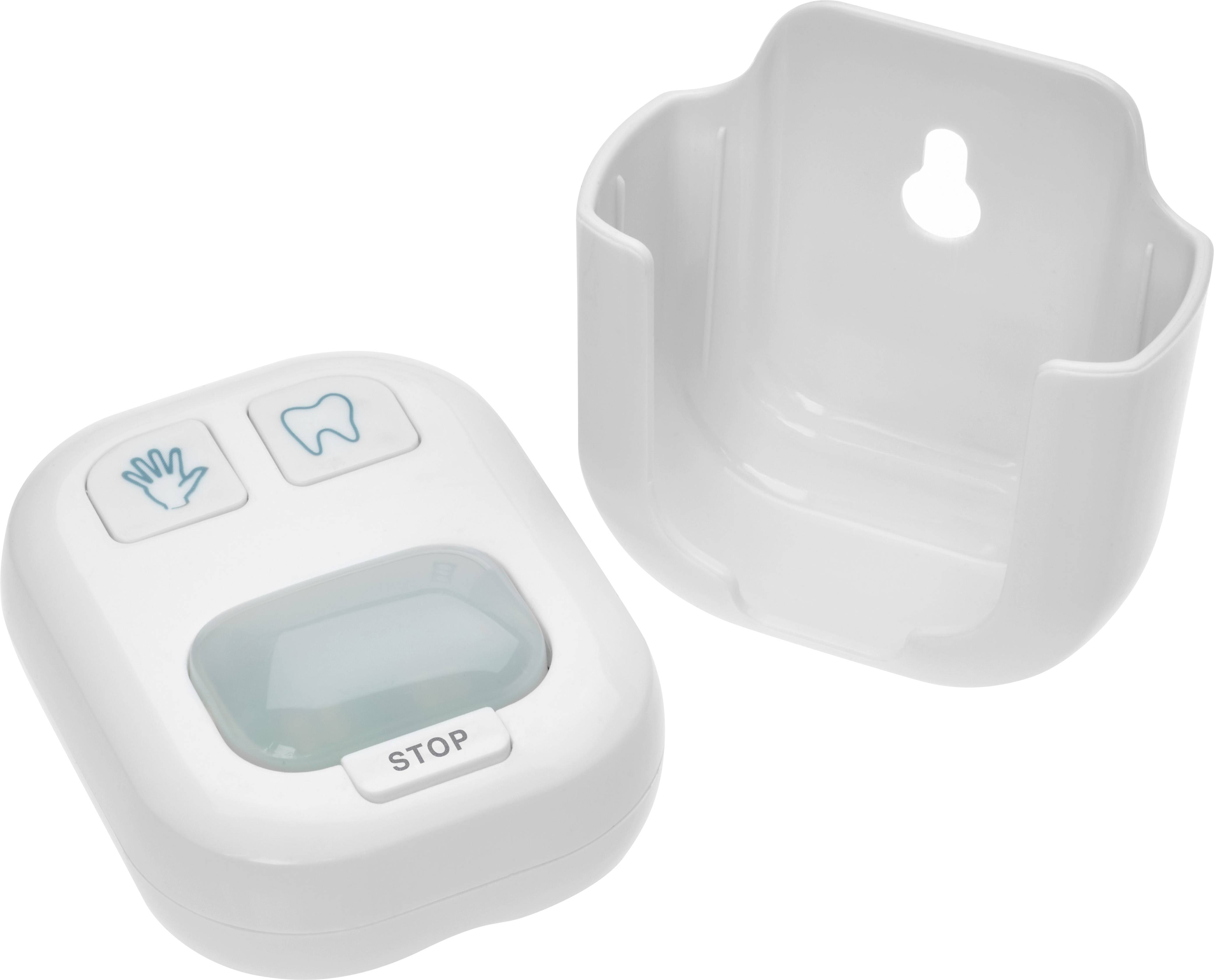 White hand sanitiser device with buttons for hands and teeth, with a wall-mounting bracket beside it.