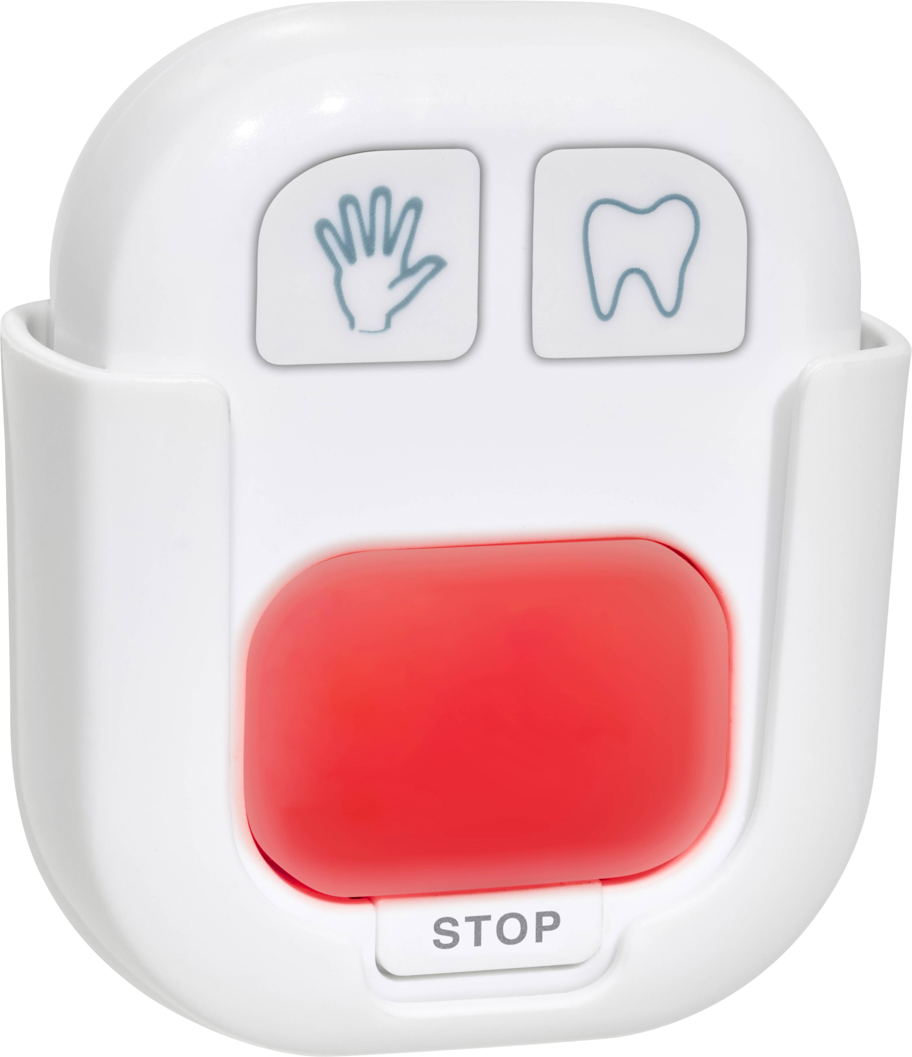 White remote control with two buttons, one with a hand symbol, one with a tooth symbol, and a red stop button at the bottom.