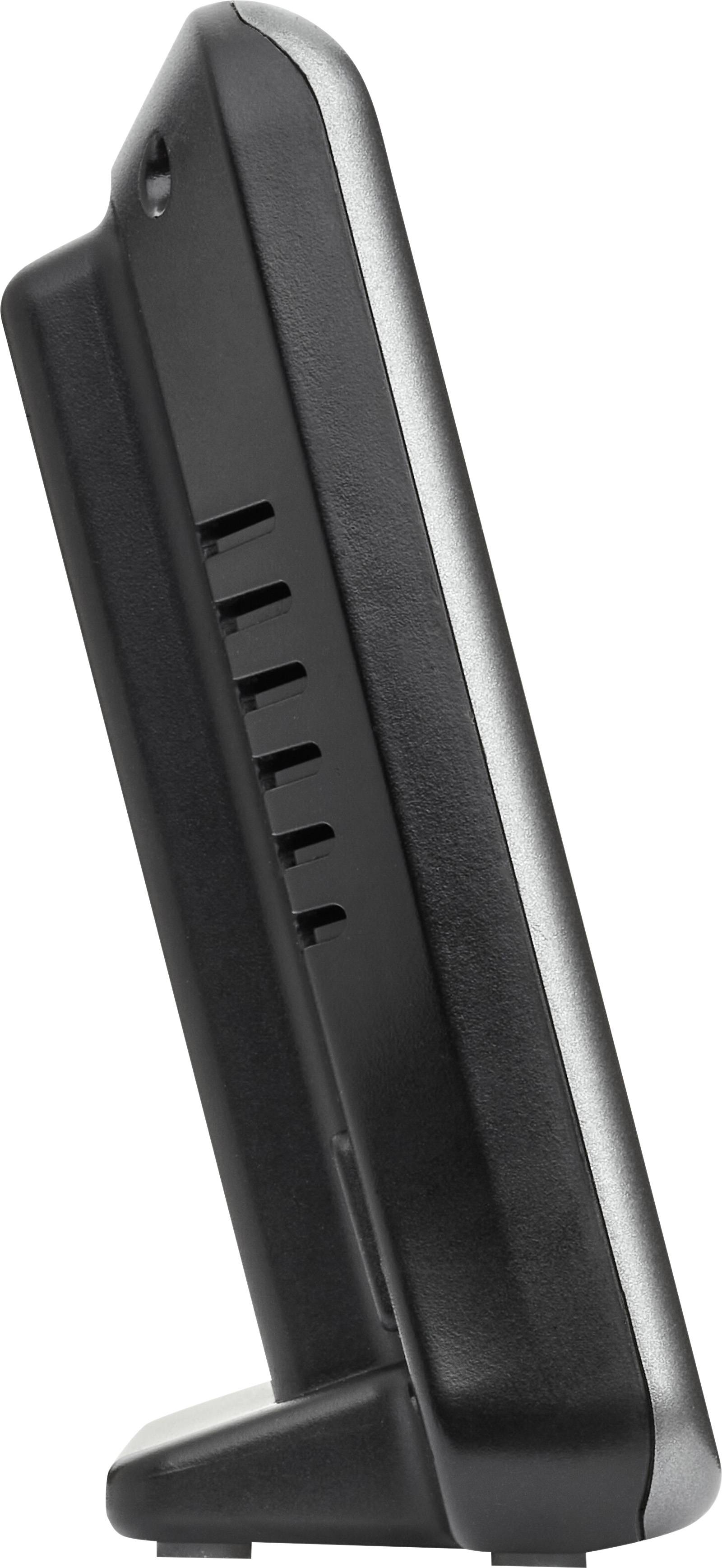'Black, rectangular, upright device with side ventilation slots, showing the side view.'
