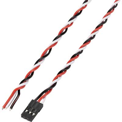 A three-coloured, twisted cable with a black connector and open ends, comprising red, white, and black cores.