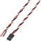 A three-coloured, twisted cable with a black connector and open ends, comprising red, white, and black cores.
