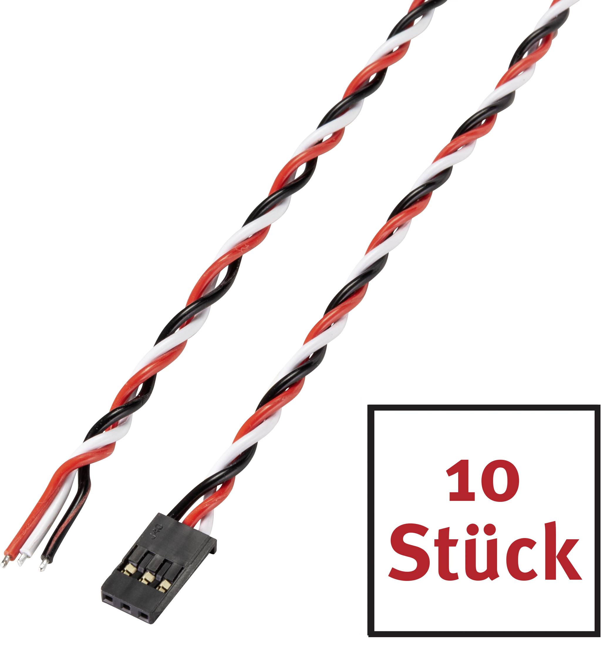 Two braided cables in red, black, and white with plugs. Text on the left indicates '10 pieces', referring to the quantity of cables.