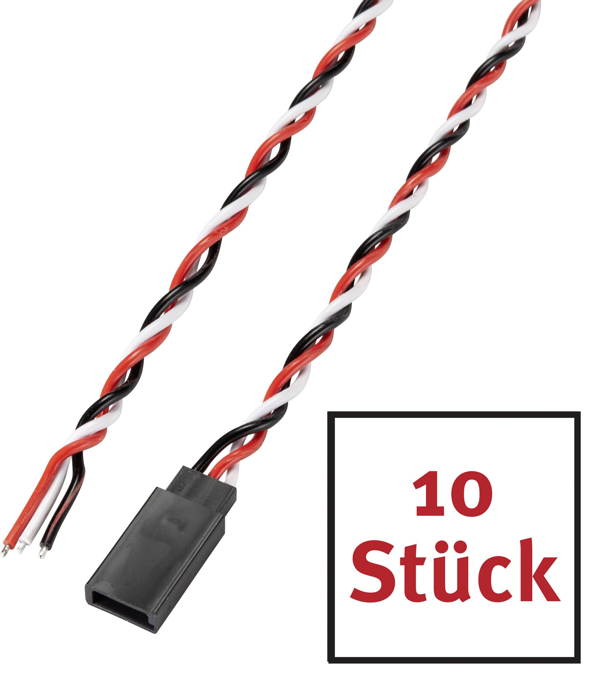 Two red, black and white twisted cables with plugs, with the inscription '10 pieces'.