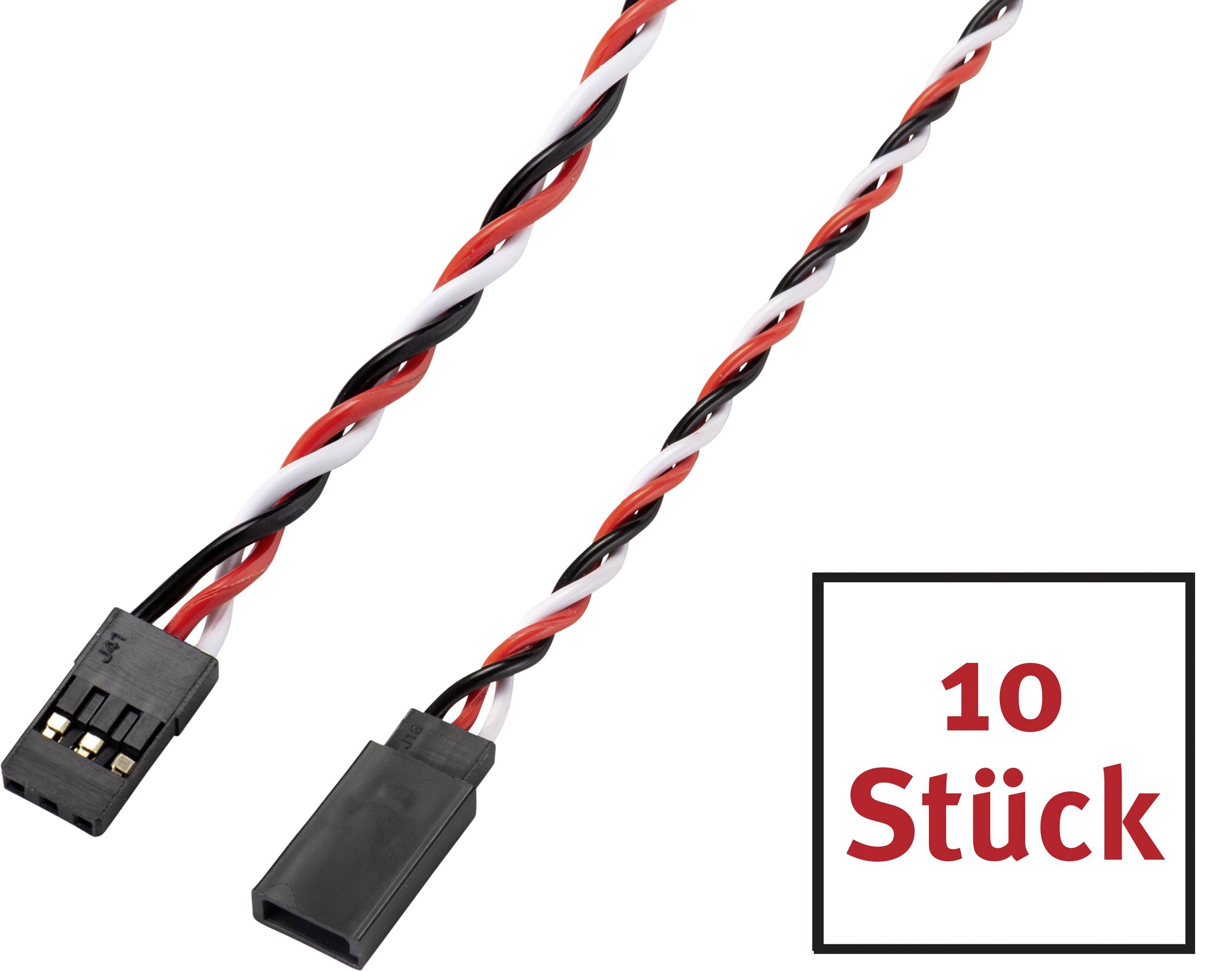 Two intertwined black-red-white cables with plugs, labelled '10 pieces'.