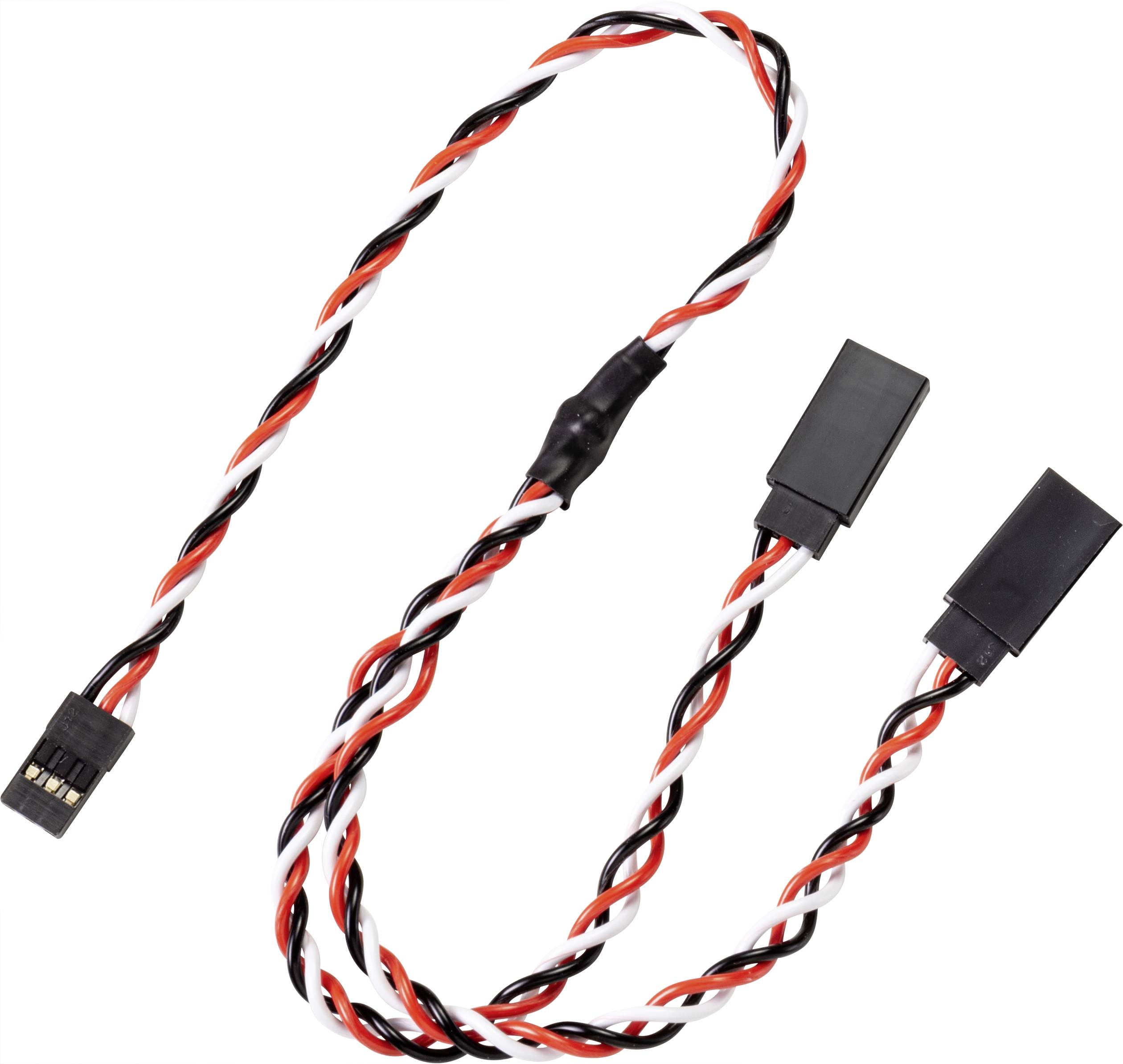'Y-cable with black, red and white wire; used for connecting components in electronic devices.'
